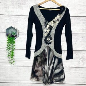 Legatte Italian Designer Silk Mixed Media Black & Gray Whimsy Goth Dress Size 6